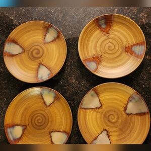 Set of 4 Sango Splash 4951 Brown Tan Drip Glaze Stoneware 11" Dinner Plates